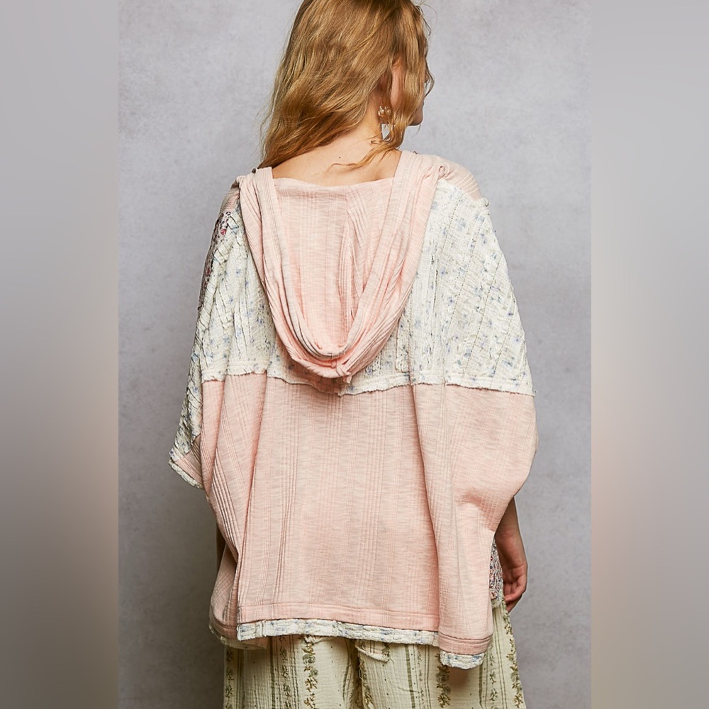 NEW POL Blush Pink Ribbed V Neck Star Patch Hooded Boho Top Size Large - Picture 5 of 5